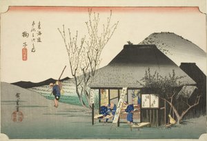 Mariko: Slavná čajovna (Mariko, meibutsu chamise), ze série „Padesát tři stanic tokaidské silnice (Tokaido gojusan tsugi no uchi), také známá jako Hoeido Tokaido od Utagawa Hiroshige