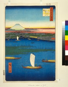 Bažinatý ostrov u ústí řeky Sumida, s Edo a horou Fuji v dálce, kolem roku 1857, (barevný dřevotisk)
