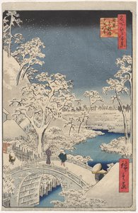 Obrázek Twilight at the Drum Bridge v Meguro, ze série 100 pohledů na známá místa v Edu od Utagawa Hiroshige