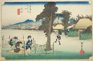 Minakuchi: Sušené tykevové hobliny, místní specialita (Minakuchi, meibutsu kanpyo), ze série „Padesát tři stanic Tokaida (Tokaido gojusan tsugi no uchi), známé také jako Hoeido Tokaido od Utagawa Hiroshige