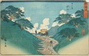 Minakuchi: Krásné borovice na hoře Hiramatsu (Minakuchi, Hiramatsuyama bisho) – č. 51, ze série „Padesát tři stanic Tokaida (Tokaido gojusan tsugi), známé také jako Reisho Tokaido od Utagawa Hiroshige