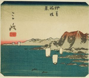 Mishima, část listu č. 3 ze série "Vystřižené obrázky Tokaida (Tokaido harimaze zue)" od Utagawa Hiroshige