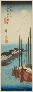 Misty Moonlight na pobřeží na ostrově Tsukuda (Tsukudajima kaihen oborozuki), ze série „Slavná místa ve východním hlavním městě (Toto meisho)“ od Utagawa Hiroshige