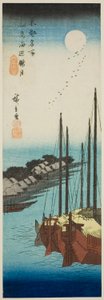 Unsty také na t ove te shore at tsukuda rank sand (Tsukudajima upravená Oborozuki), ze série "Fa s pa s back member te air s hand-made pita l (Toto (slavné místo)" od Utagawa Hiroshige