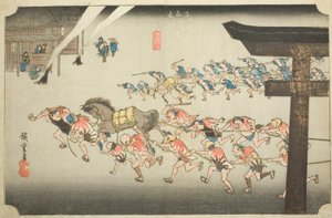 Miya: Náboženský festival ve svatyni Atsuta (Miya, Atsuta shinji), ze série "Padesát tři stanic Tokaida (Tokaido gojusan tsugi no uchi)", také známý jako Hoeido Tokaido od Utagawa Hiroshige