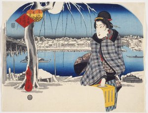 Měsíc po sněhu v Rygoku ze série Tři pohledy na sníh na slavných místech východního hlavního města, cca 1840 (barevný dřevořez)