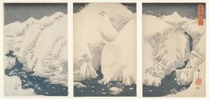Hory a řeky podél Kiso Highway pod sněhem od Utagawa Hiroshige