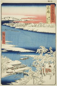 Provincie Musashi: Ráno po sněhu na řece Sumida (Musashi, Sumidagawa yuki no ashita), ze série „Slavná místa v šedesáti lichých provinciích (Rokujuyoshu meisho zue)“ od Utagawa Hiroshige