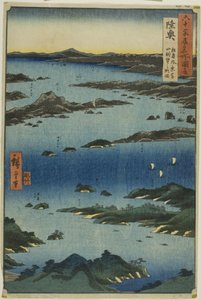 Provincie Mutsu: Pohled na Matsushimu se vzdáleným výhledem na horu Tomi (Mutsu, Matsushima fukei, Tomiyama chobo no ryakuzu), ze série "Slavná místa v šedesáti provinciích (Rokujuyoshu meisho zue)". od Utagawa Hiroshige
