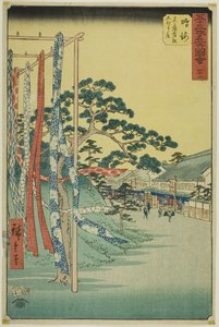 Narumi: (Narumi, meisan Arimatsu shibori mise), ze série "Slavné památky padesáti tří stanic (Gojusab tsugi meisho zue)". od Utagawa Hiroshige