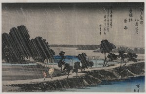 Noční déšť ve svatyni Azuma (ze série Osm pohledů na okolí Edo) od Utagawa Hiroshige