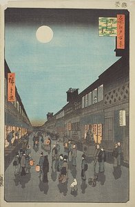 Noční pohled na Saruwaka-machi (Saruwaka-machi yoru no kei), č. 90 ze série "Sto slavných pohledů na Edo (Meisho Edo hyakkei)". od Utagawa Hiroshige
