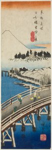 Most Nihon viděný ve sněhu (Nihonbashi setchu no kei), ze série „Slavné výhledy ve východním hlavním městě (Toto meisho)“ od Utagawa Hiroshige