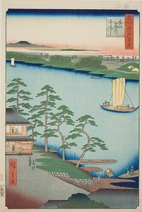 Přívoz Niijuku (Niijuku no watashi), č. 93 ze série "Sto slavných pohledů na Edo (Meisho Edo hyakkei)". od Utagawa Hiroshige