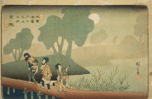 z. 37: Miyanokoshi, ze seriálu „Šest devět desítek kisokaido“ od Utagawa Hiroshige