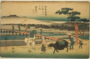 z. 66: Echikawa, ze série „Shi xty-devět S ta na kisokaidu (kisokaido rokujukyutsugi no uchi)“ od Utagawa Hiroshige
