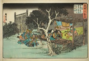 č. 6: Ise no Saburo přísahá věrnost Ushiwakamaru (Rokukai, Ise no Saburo ga kakurega ni yadorite Ushiwakamaru shuju o yakusu), ze série "Život Yoshitsune (Yoshitsune Ichidaiki no uchi)" od Utagawa Hiroshige