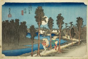 Numazu—Dusk (Numazu—tasogare zu), ze série Padesát tři zastávek na silnici Tōkaidō (Tōkaidō gojūsan tsugi no uchi) od Utagawa Hiroshige