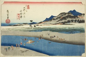 Odawara: Řeka Sakawa (Odawara, Sakawagawa), ze série „Padesát tři zastávek na Tokaidské silnici (Tokaido gojusan tsugi no uchi)“, také známé jako Hoeido Tokaido od Utagawa Hiroshige