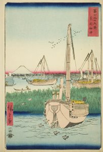 U ostrova Tsukuda ve východním hlavním městě (Toto Tsukuda oki), ze série „Třicet šest pohledů na horu Fuji (Fuji sanjurokkei)“ od Utagawa Hiroshige