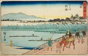 Okazaki: Řeka Yahagi (Okazaki, Yahagigawa) – č. 39, ze série „Padesát tři stanic Tokaida (Tokaido gojusan tsugi)“, známé také jako Reisho Tokaido od Utagawa Hiroshige