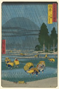 Ono, vzdálený pohled na horu Daisen v provincii Hoki (Hoki, Ono, Daisen enbo), ze série „Slavná místa v šedesáti lichých provinciích (Rokujuyo-shu meisho zue)“ od Utagawa Hiroshige