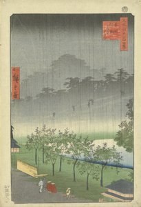 Plantáž Paulownia v Akasace ve večerním dešti od Utagawa Hiroshige