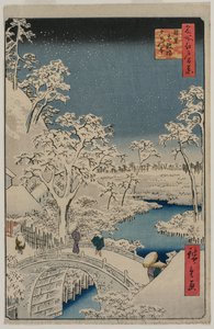 Obrázek Twilight at the Drum Bridge v Meguro, ze série 100 pohledů na známá místa v Edu od Utagawa Hiroshige