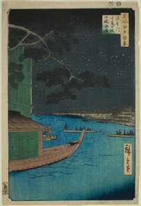 Pine of Success a Oumayagashi u řeky Asakusa (Asakusagawa shubi no matsu Oumayagashi), ze série „Sto slavných pohledů na Edo (Meisho Edo hyakkei)“ od Utagawa Hiroshige