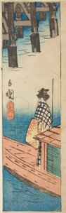 Výletní loď na mostě Ryogoku (Ryogoku suzumibune), část listu ze série "Vystřihovánky slavných míst v Edo (Harimaze Koto meisho)" od Utagawa Hiroshige