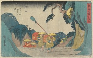 Prší na hoře Suzuka v Tsuchiyama, 1841-42 (barevný dřevořez)