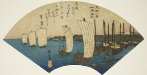 Vracející se plachty v Tsukudajima (Tsukudajima kihan), ze série „Osm pohledů na východní hlavní město (Toto hakkei)“ od Utagawa Hiroshige