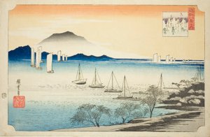 Retsu r Ning Sails na Yabase (Yabase no Kihan), ze série „Osm ws of Omi“ od Utagawa Hiroshige