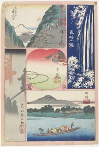 Ryo_ben-zan Fall, trajekt v Tamuře, ranní mlha ve svatyni O_yama, hora a údolí, suvenýr Koyasu, červen 1858