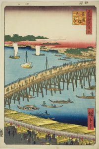 Ryogoku Bridge and the Great Riverbank (Ryogokubashi Okawabata), from the series "One Hundred Famous Views of Edo (Meisho Edo hyakkei)" od Utagawa Hiroshige
