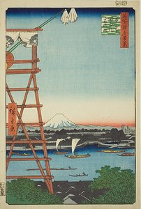 Rjógoku Ekoin a most Moto-Janagi (Rjógoku Ekoin Moto-Janagibashi), č. 5 ze série "Sto slavných pohledů na Edo (Meišó Edo hjakkei)". od Utagawa Hiroshige