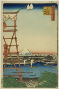 Rjógoku Ekoin a most Moto-Janagi (Rjógoku Ekoin Moto-Janagibashi), ze série "Sto slavných pohledů na Edo (Meišó Edo hjakkei)". od Utagawa Hiroshige