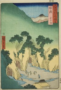 Provincie Sado: Zlaté doly (Sado, Kinzan), ze série „Slavná místa v šedesáti lichých provinciích (Rokujuyoshu meisho zue)“ od Utagawa Hiroshige