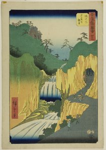 Sakanoshita: Sakanoshita, Gankutsu no Kannon), čj. 49 ze série "Slavné památky padesáti tří stanic (Gojusan tsugi meisho zue)", známé také jako Vertikální Tokaido. od Utagawa Hiroshige