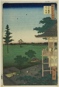 Sál Sazai chrámu Pět set Rakan (Gohyaku Rakan Sazaido), ze série "Sto slavných pohledů na Edo (Meisho Edo hyakkei)". od Utagawa Hiroshige