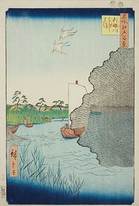 Roztroušené borovice na řece Tone (Tonegawa Barabara-matsu), č. 71 ze série "Sto slavných pohledů na Edo (Meisho Edo hyakkei)". od Utagawa Hiroshige