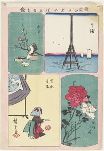 Shibaura, svatyně Fukagawa, pramen v Yoshiwara, Imado, červenec 1857