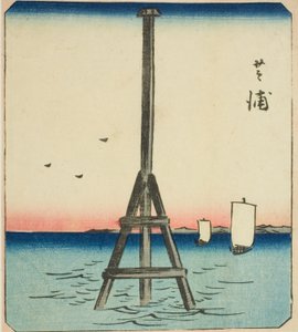 Shibaura, část listu ze série "Vystřižené obrázky slavných míst v Edo (Edo meisho harimaze zue)" od Utagawa Hiroshige