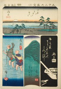 Shimada, Fujieda, Okabe a Mariko, ne. 6 ze série "Vystřihovánky z padesáti tří stanic (Gojusan tsugi harimaze)" od Utagawa Hiroshige