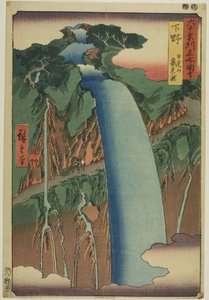 Provincie Šimotsuke: vodopád Urami na hoře Nikko (Šimotsuke, Nikkosan Urami no taki), ze série "Slavná místa v šedesáti provinciích (Rokujuyoshu meisho zue)". od Utagawa Hiroshige
