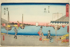 Shinagawa: Čajovny v Samegafuchi (Shinagawa, Samegafuchi no chaya) – č. 2, ze série „Padesát tři stanic Tokaida (Tokaido gojusan tsugi), známé také jako Reisho Tokaido od Utagawa Hiroshige