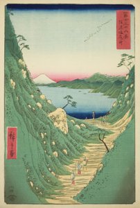 Průsmyk Shiojiri v provincii Shinano (Shinano Shiojiri toge), ze série „Třicet šest pohledů na horu Fuji (Fuji sanjurokkei)“ od Utagawa Hiroshige