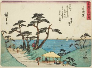 Shirasuka: Pohled na svah Shiomi (Shirasuka, Shiomizaka no zu), ze série "Padesát tři stanic Tokaida (Tokaido gojusan tsugi)", také známé jako Tokaido s básní (Kyoka iri Tokaido) od Utagawa Hiroshige