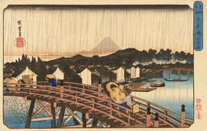 Sprcha na mostě Nihonbashi, 1832-34 (barevný dřevěný tisk)