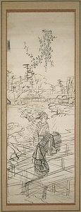 Skica ženy přecházející most od Utagawa Hiroshige